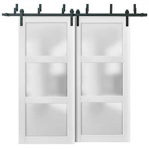 2552 36 in. x 80 in. 3-Lite Frosted Glass White Finished Pine Wood Sliding Barn Door with Hardware Kit