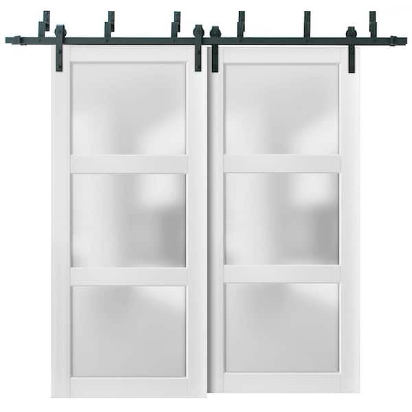 Sartodoors 2552 48 in. x 96 in. 3 lite Frosted Glass White Finished Pine Wood Sliding Barn Door with Hardware Kit