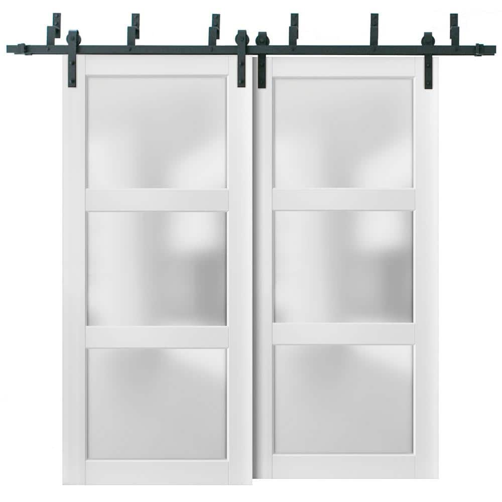 2552 84 in. x 96 in. 3 lite Frosted Glass White Finished Pine Wood Sliding Barn Door with Hardware Kit price history on PriceWatchPro