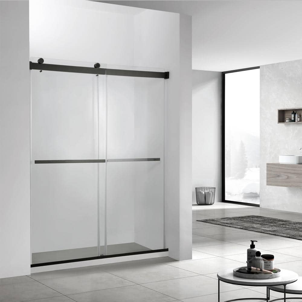48 x 76 Matte Black Frameless Sliding Shower Door with Clear Glass