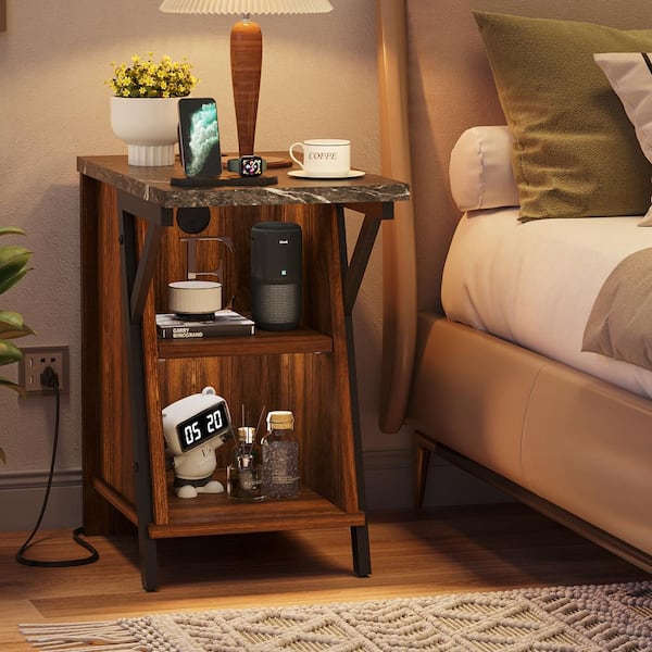 Bestier Walnut 13.78 in. W Bedroom Nightstand with Adjustable Shelf and Cup Holder, Modern Storage Living Room Side End Table