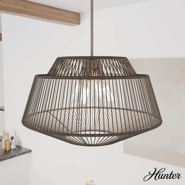 Hunter Brookhollow 60-Watt 4-Light Sable Rattan Pendant Light with Rattan Shade, No Bulbs Included