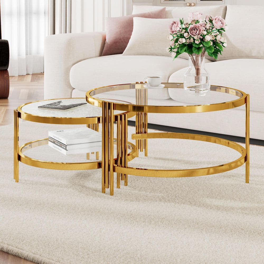 Polibi 32.75 in. Transparent Round Glass Coffee Table with
