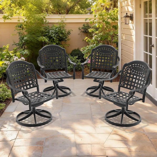 Black 4-Piece Cast Aluminum Outdoor Swivel Rocking, Patio Swivel Dining Chairs High Back with Blue Cushion for Backyard