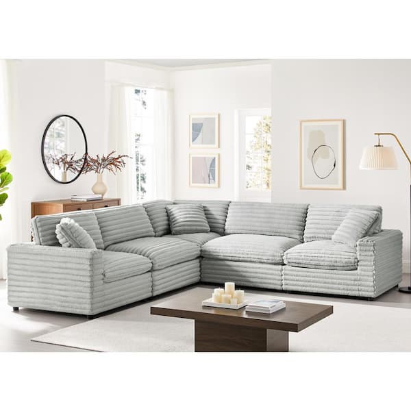Julia 120 in. Square Arm 5-piece Plush Polyester Cord-like Fabric L-shape Sectional Sofa in. Gray
