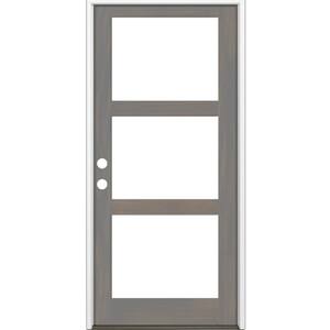 42 in. x 96 in. Modern Hemlock Right-Hand/Inswing 3-Lite Clear Glass Grey Stain Wood Prehung Front Door