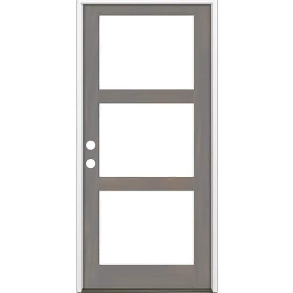 Krosswood Doors 42 in. x 96 in. Modern Hemlock Right-Hand/Inswing 3-Lite Clear Glass Grey Stain Wood Prehung Front Door