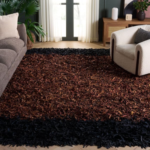 Leather Shag 5 ft. x 5 ft. Square Brown/Black Contemporary Leather Strip Area Rug