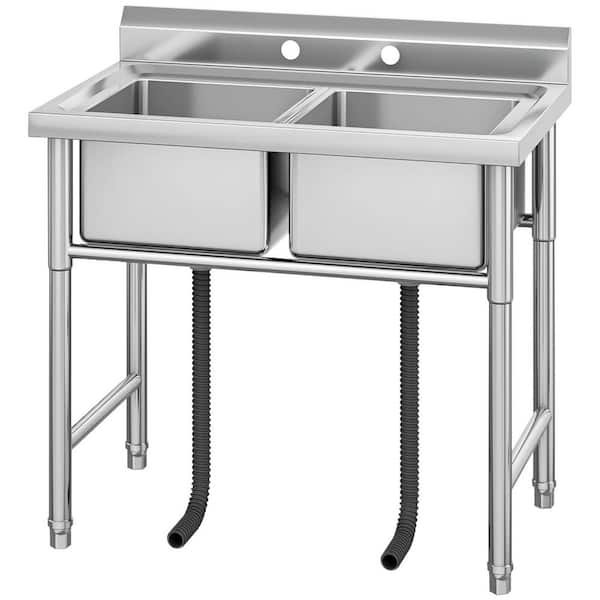 Freestanding Stainless-Steel Laundry/Utility Sink, 2-Sink with Backsplash, Anti-Splash Design, Deep Double Basin