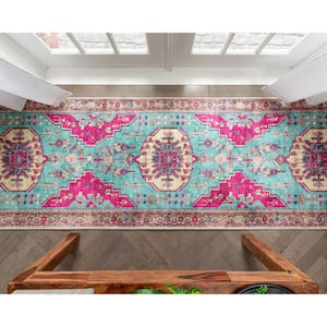 Lotus Shasta Blush Turquoise Vintage Bohemian 2 ft. 7 in. x 9 ft. 10 in. Machine Washable Runner Rug