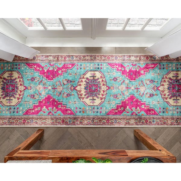 Lotus Shasta Blush Turquoise Vintage Bohemian 2 ft. 7 in. x 9 ft. 10 in. Machine Washable Runner Rug