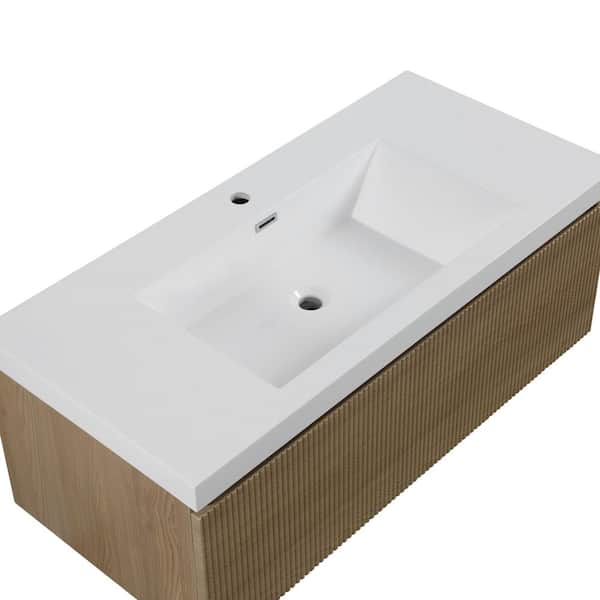 36 in. Wall-Mounted Bath Vanity Modern Floating Bathroom Vanity in Natural Oak with Glossy White Stone Resin Top