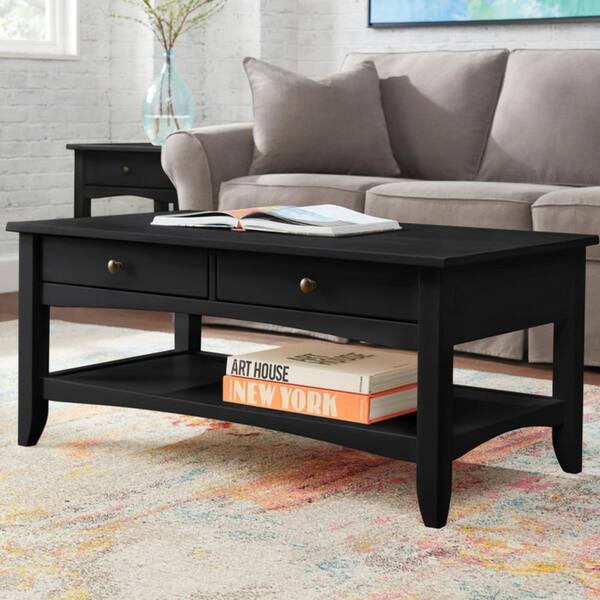 Stylewell Cedar Springs Rectangular Black Wood 2 Drawer Coffee Table 42 In W X 18 11 In H Ct 1013 Black The Home Depot