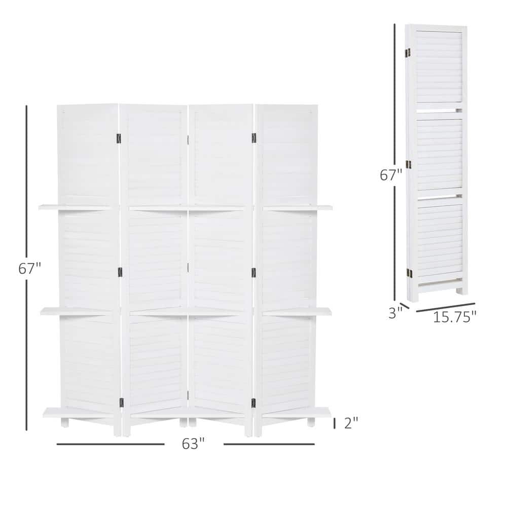 White Wood 4-Panel Folding Room Divider with Shelves