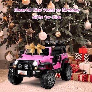 12V 12.5 in. Kids Electric Ride On Truck 2 Seater Battery Powered Car w/Remote Control, Music & Horn, LED Lights, Pink