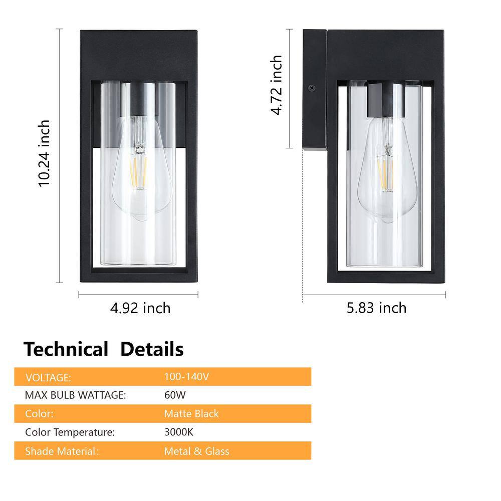 9-Inch Black Modern Outdoor Wall Lantern Sconce with Clear Glass, 2-Pack