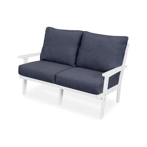 Grant Park White Deep Seating Plastic Outdoor Loveseat with Stone Blue Cushions