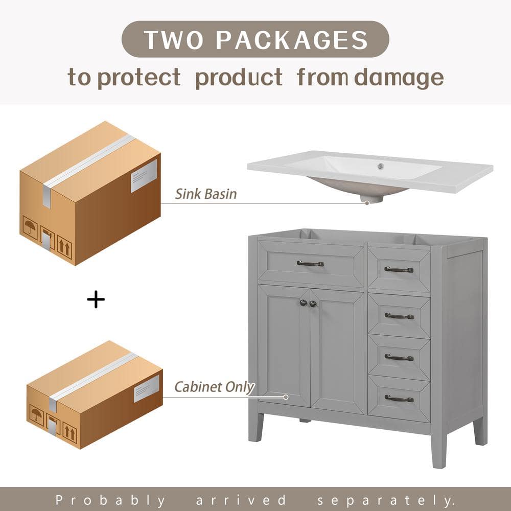 Gray 36-Inch Freestanding Bathroom Vanity with Ceramic Sink