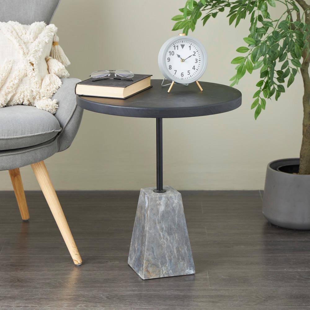 Litton Lane 20 in. Black Geometric Large Round Wood End Table with Gray