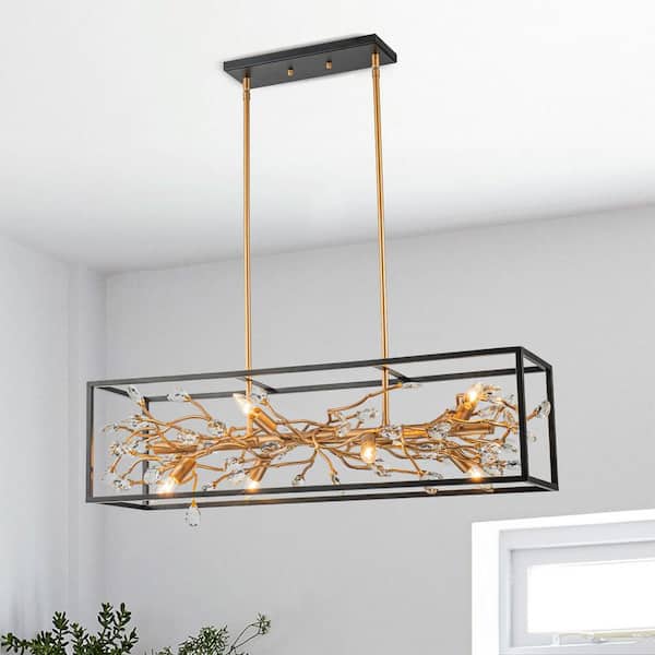 8 Light Black and Gold Crystal Modern Farmhouse Luxury Rectangular Chandelier for Kitchen Island with No Bulbs Included