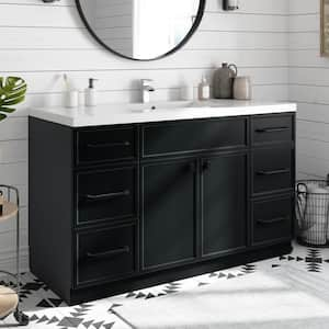 Manhattan 48 in. W x 21 in. D x 36in. H S/Sink Freestanding Bath Vanity in Black with White Cultured Marble Top in White