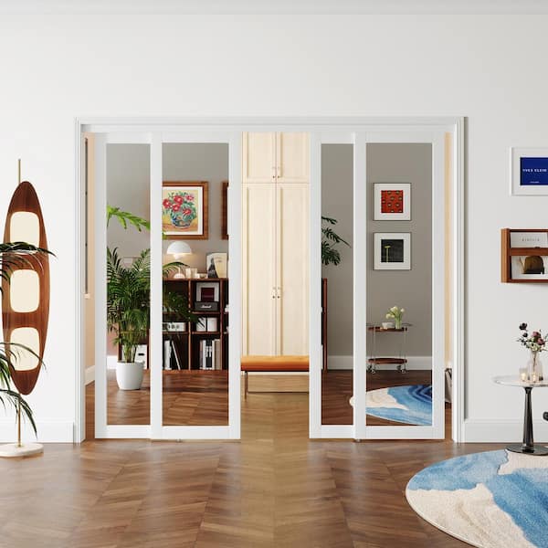 96 in. x 80 in. (Double 48 in. Doors) MDF White Double Mirrored 1 Panel Glass Sliding Door with All Hardware