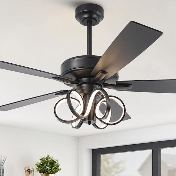 Modern 52 in. Indoor Dimmable Integrated LED Black Downrod Mount Ceiling Fan with Light and Remote Control