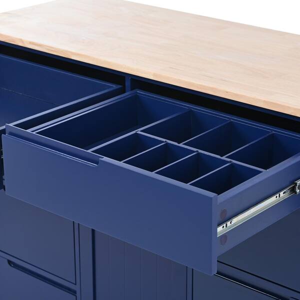 Blue Rubber Wood Countertop 53.15 in. Kitchen Island with 8-Drawers and Flatware Organizer on 5-Wheels