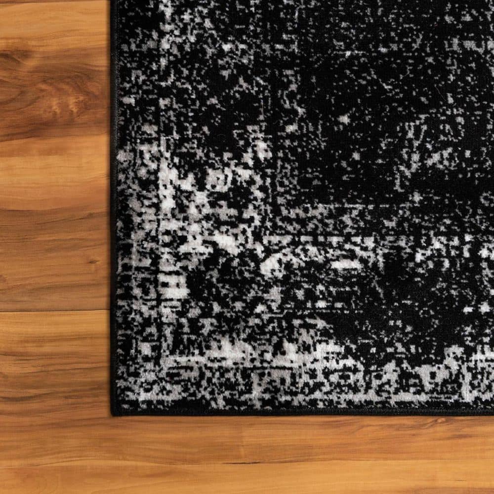 Black and Gray Floral Motif Low Pile Area Rug