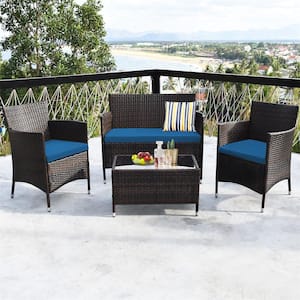 8-Piece Wicker Patio Conversation Set with Blue Cushions