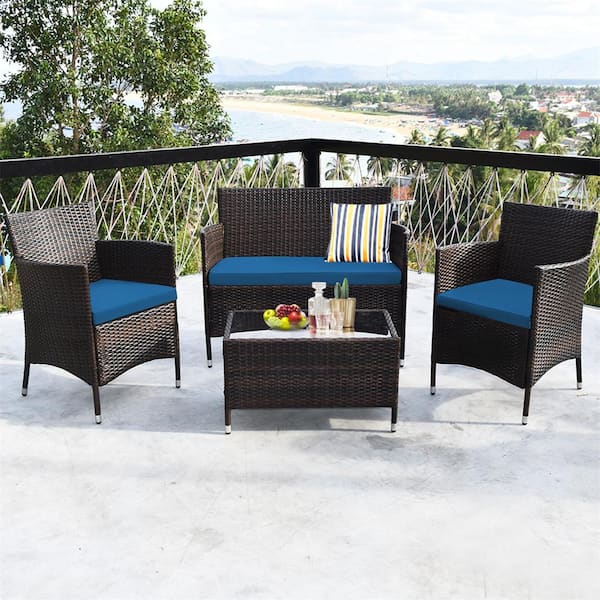 Costway 8-Piece Wicker Patio Conversation Set with Blue Cushions