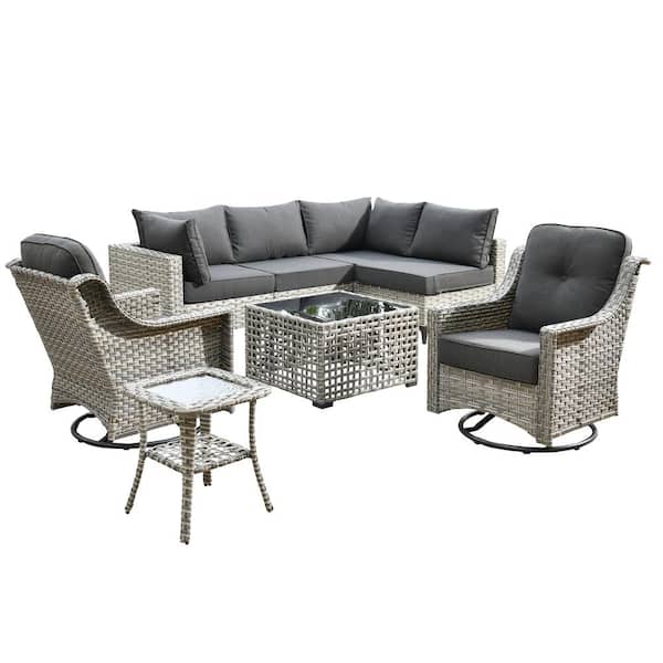 Holston 8-Piece Wicker Modern Outdoor Patio Conversation Sofa Seating Set with Swivel Chairs and Black Cushions