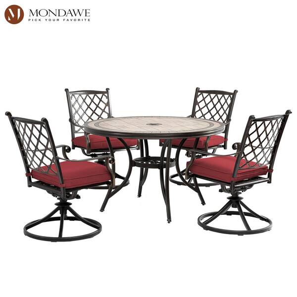Mondawe 5-Piece Cast Aluminum Outdoor Dining Set with Round Tile-Top Table Diagonal-Mesh Backrest Swivel Chairs and Red Cushions