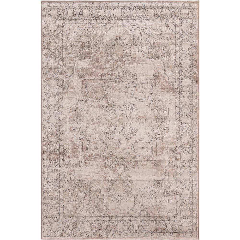 Ivory and Gray Geometric Synthetic 5'3" x 8' Area Rug