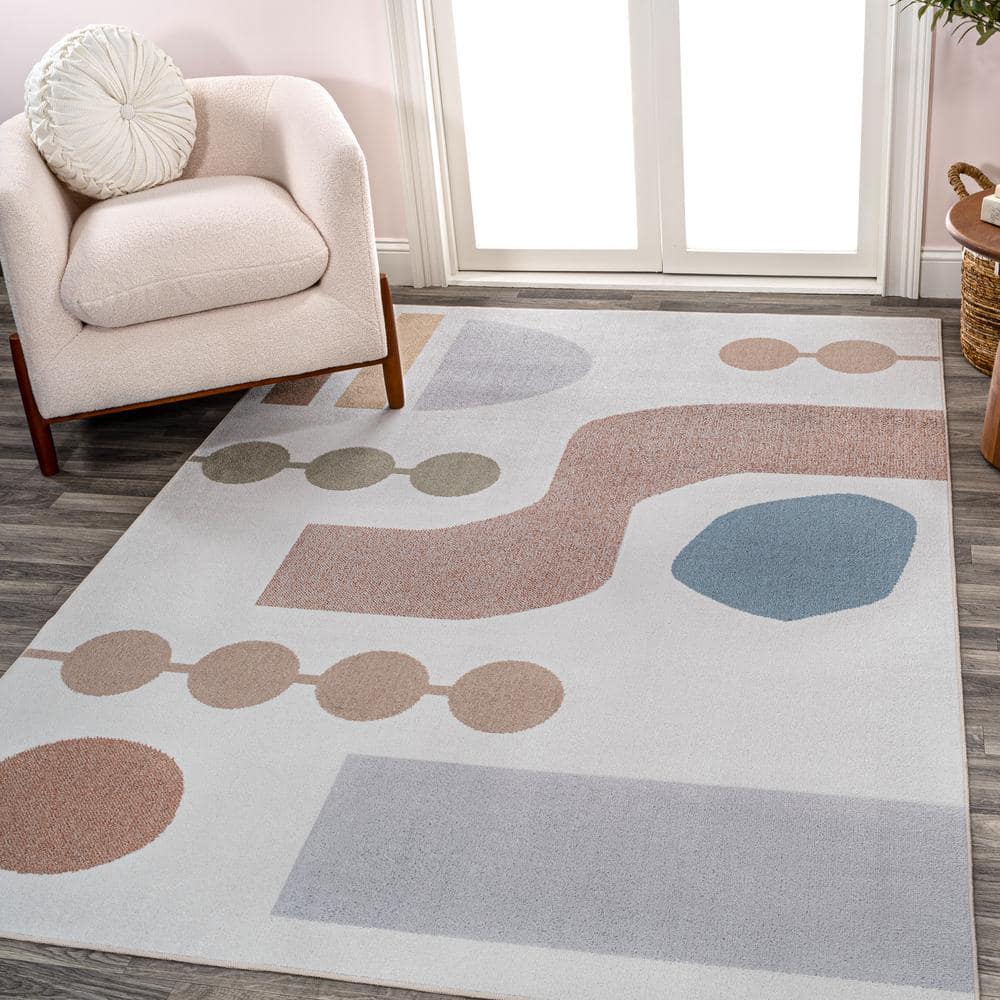 Cream and Multi Abstract Washable Kids Area Rug 4' x 6'