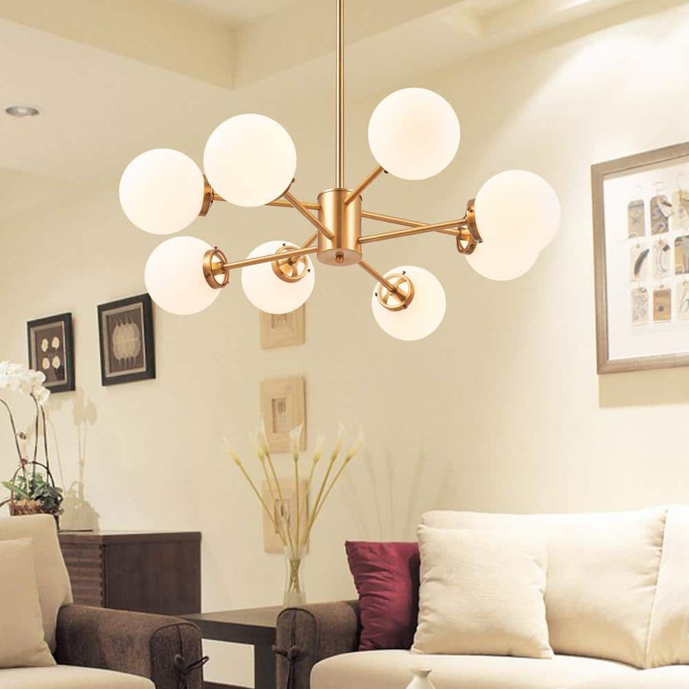 Modern Brass 8-Light Sputnik Chandelier with White Opal Glass