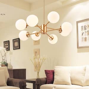 8-Light Antique Brass Sputnik Style Chandelier with White Opal Glass Shades