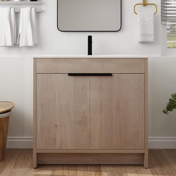 Staykiwi 36 in. W x 18.3 in. D x 34 in. H Freestanding Bathroom Vanity in Plain Light Oak with White Ceramic Top