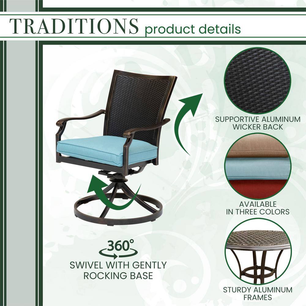 Bronze Finish 2-Person Outdoor Bistro Set with Cushioned Wicker Swivel Rockers