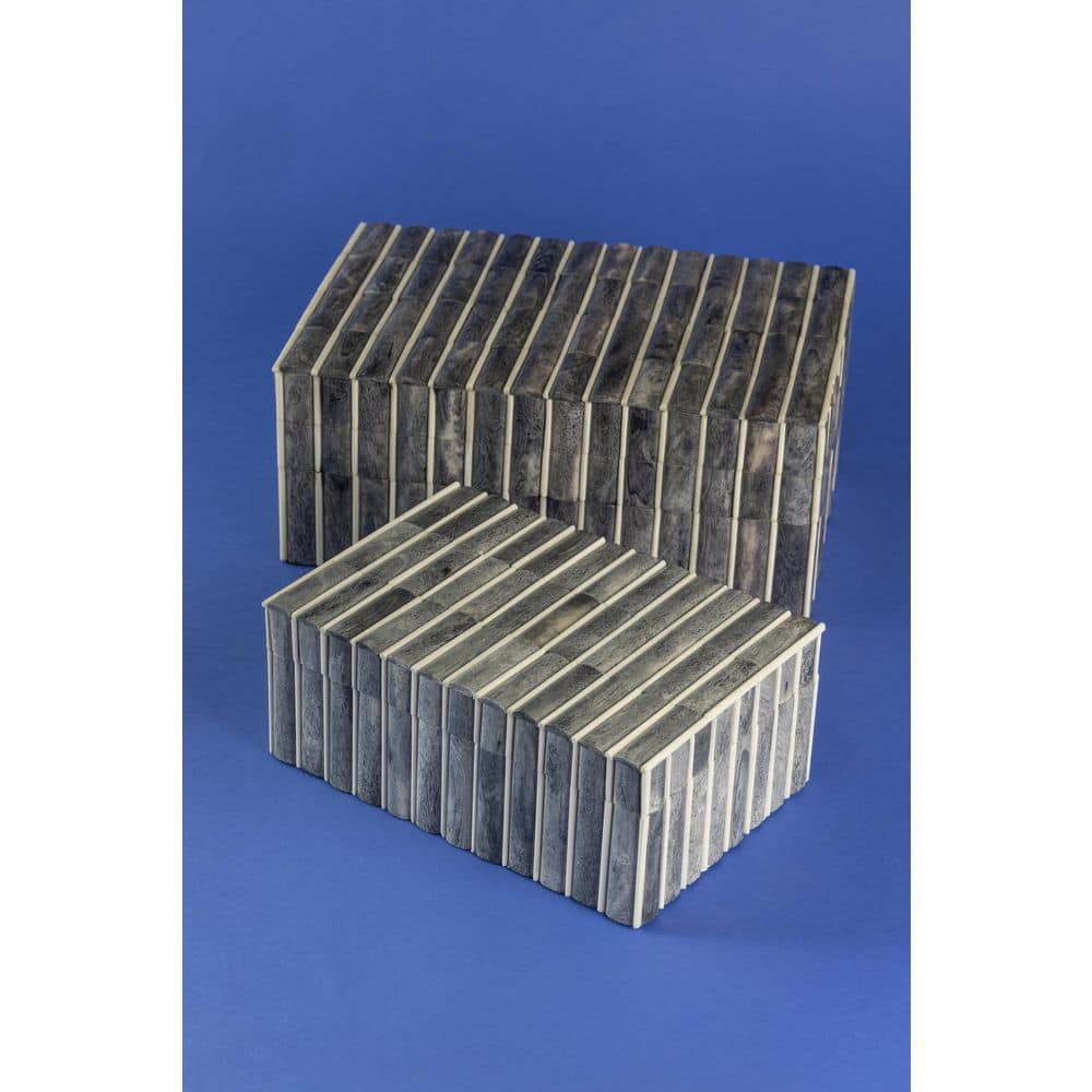 Gray and Ivory Carved Bone Decorative Boxes, Set of 2