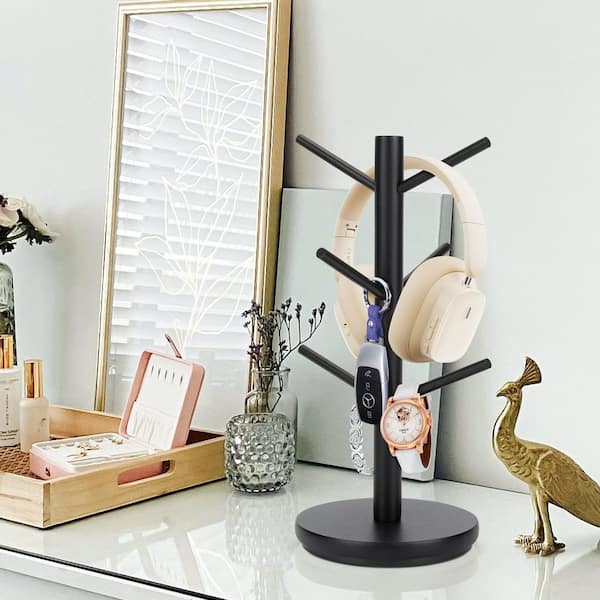 Home and Office Series 6-Hook Black Rotatable Countertop Mug Tree, Wooden Coffee Mug Holder Organizer for Counter Top