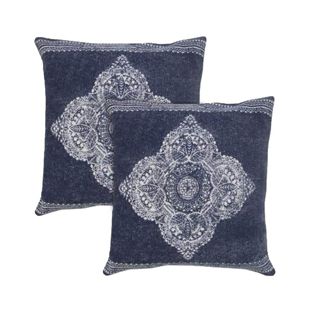Fai Dark Blue/White Medallion 100% Cotton 20 in. x 20 in. Indoor Throw Pill