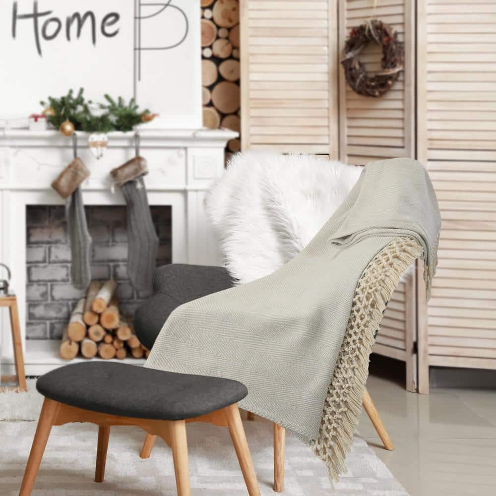 Slight Chevron Herringbone Soft Gray All Natural Cotton Throw Blanket