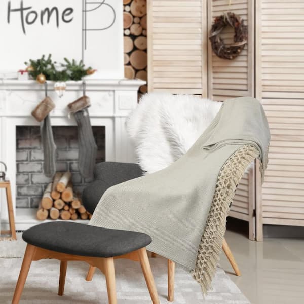 Unbranded Slight Chevron Herringbone Soft Gray All Natural Cotton Throw Blanket