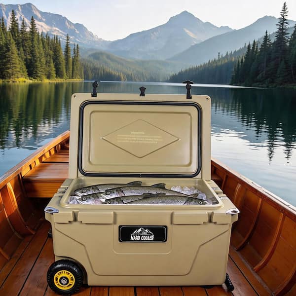 IMAGACFUN 65 Quart Khaki Hard Shell Ice Chest Cooler, Heavy-Duty