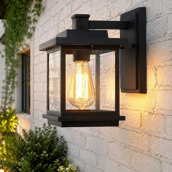 Square 1-Light Black Outdoor Wall Lantern Sconce with Clear Glass Shade, Modern Exterior Wall Light for Patio Garden