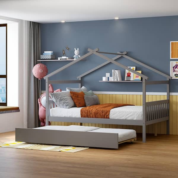 Gray Full Size Wood House Bed Kids Bed with Twin Size Trundle