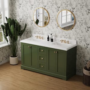 Moray 60 in. W x 22 in. D x 40 in. H Freestanding Double Sinks Bath Vanity in Green with White Marble Countertop