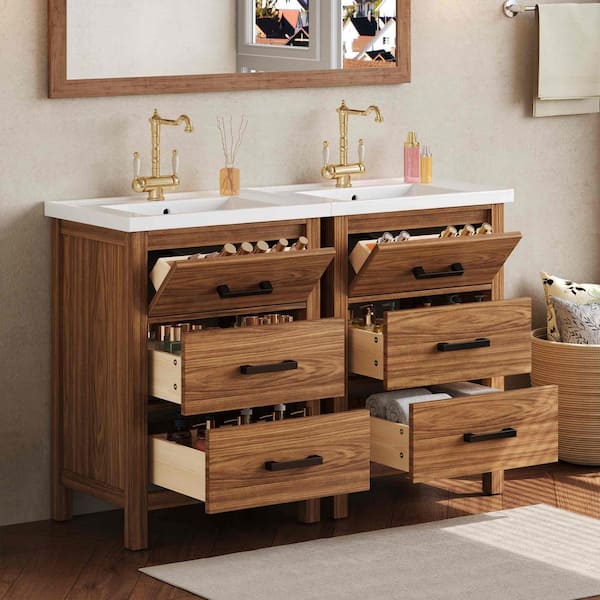 48.8 in. Freestanding Natural Wood Bath Vanity with White Ceramic Top, and-Drawers
