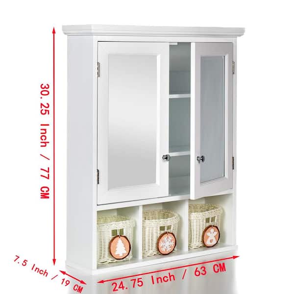 24.75 in. W x 30.25 in. H Rectangular Medicine Cabinet with Mirror for Bathroom, 2-Doors and 4 Adjustable Shelf in White